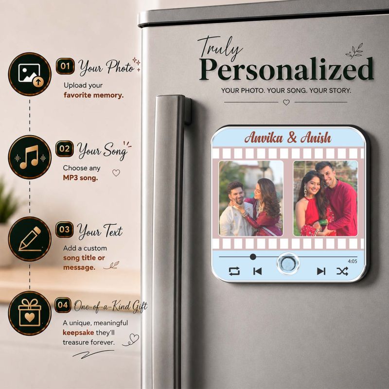 Personalized Music Fridge Magnet with Auto Play Button Custom Photo & Favorite Song Display | Romantic Gift for Couples, Weddings, Engagements & Anniversaries